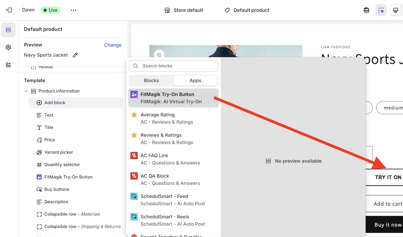 FitMagik block in Shopify Theme Editor